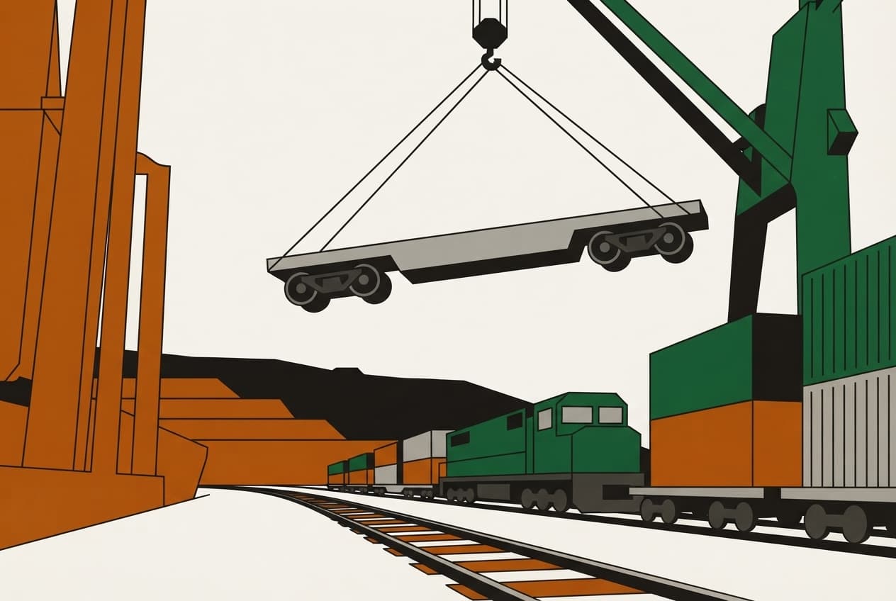 Illustration plate : wagons, rail, conteneurs, grue, marchandises, locomotive