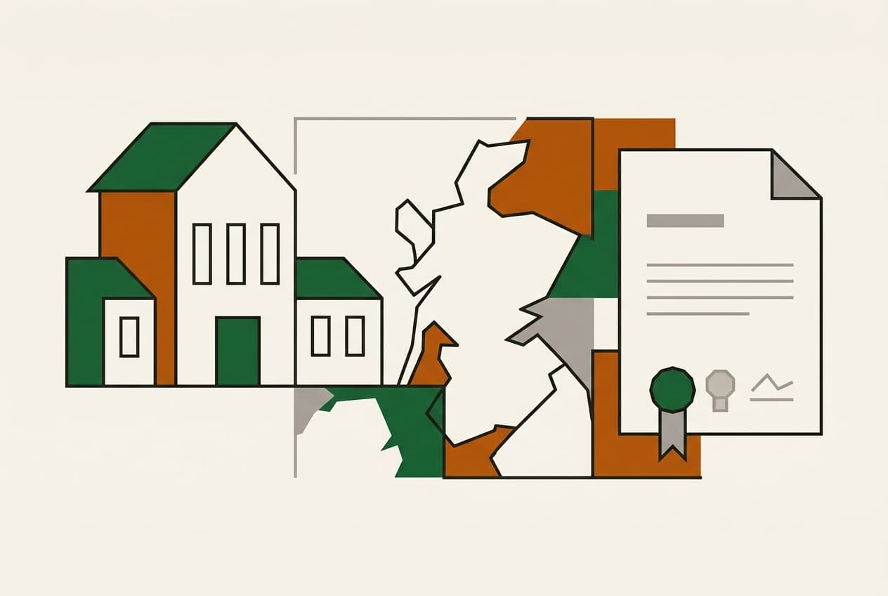 Flat illustration of a school building, a country map, and an official document.