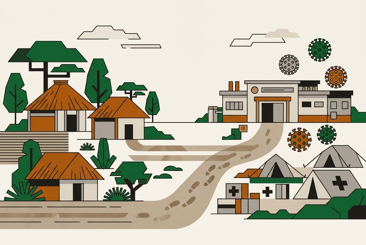 Illustration : virus Ebola, hôpital, village en RDC
