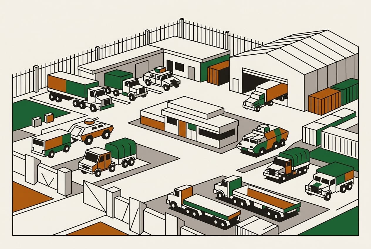 Véhicules militaires, base militaire, centre logistique