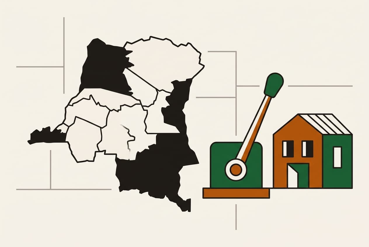 Flat illustration of a map of Congo with a lever, next to an office building.